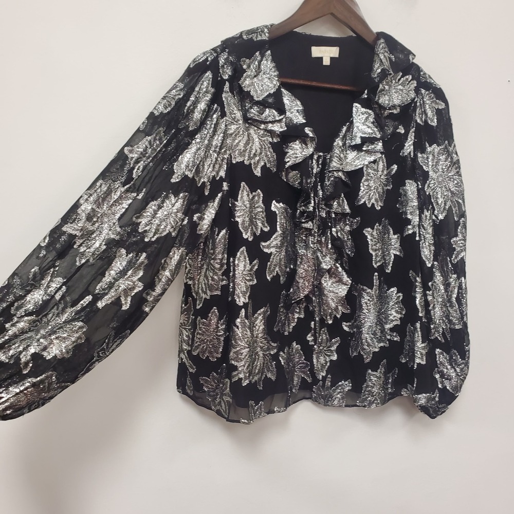 Parker Womens Balloon Sleeve Ruffle Shirt Size L Black Silver Metallic Formal